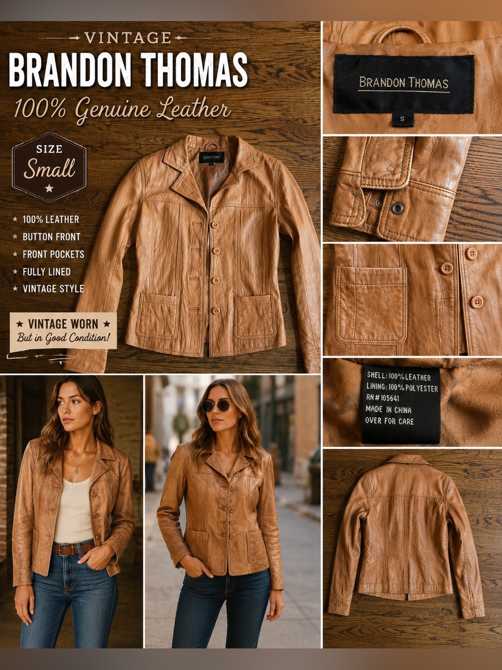 Vintage Brandon Thomas 100% Leather Jacket Brown Button Front Women’s Small